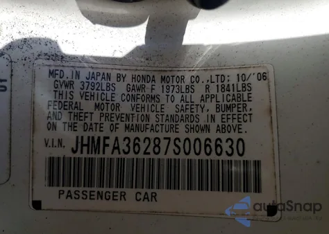 2007 Honda Civic Hybrid from USA, damaged, VIN JHMFA36287S006630